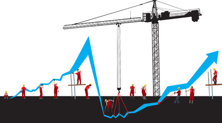 Vector Financial crisis and recover graph with construction workers and Hoisting craneのイラスト素材
