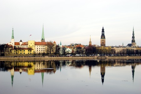 Panorama of Riga old city (Latvia) in winter. View from Daugava riverの写真素材