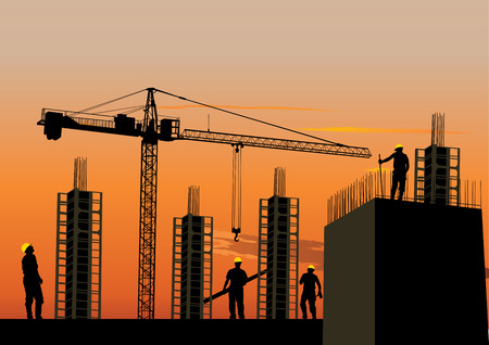 Silhouette of construction site with workers and scaffolding at sunset skyのイラスト素材