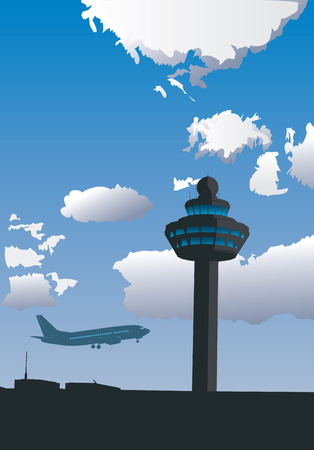 Vector illustration of airport control tower and flying airplaneのイラスト素材
