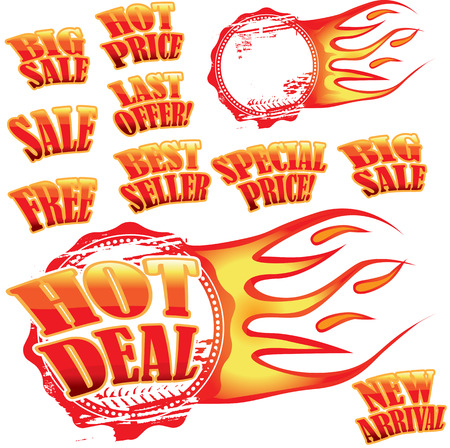 Set of hot sale stickers and rubber stamp with flamesのイラスト素材