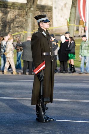 RIGA, LATVIA - NOVEMBER 18: Guard of honour at Military parade of the National Armed Forces. 90th...
