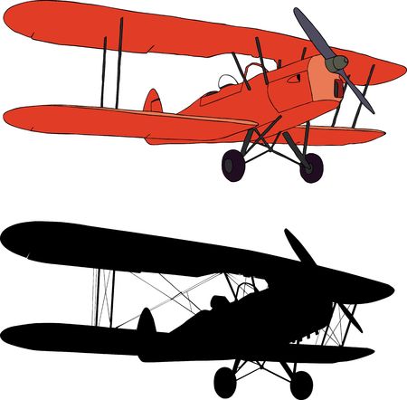 illustration and silhouette of an old biplaneのイラスト素材