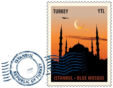 Postmark with night sight of  the Sultan Ahmed Mosque or Blue Mosque in Istanbul against sunset skyのイラスト素材