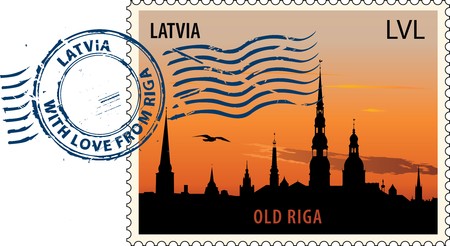 Postmark with night sight of Old Riga cityscapeのイラスト素材