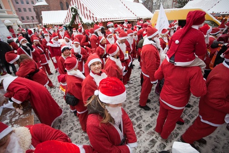 RIGA, LATVIA - DECEMBER 12: Participants of the third annual Santas Fun Run & Walk in Riga, Latvia, 12 December, 2010のeditorial素材