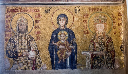 The Comnenus mosaics from the Hagia Sophia Cathedral in Istanbul, Turkey. It shows Emperor John II (1118ï¿½1143) on the left, the Virgin Mary and infant Jesus in the centre, and Empress Irene on the right.のeditorial素材