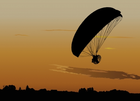 Silhouette of powered paraglide or paramotor against sunset skyのイラスト素材