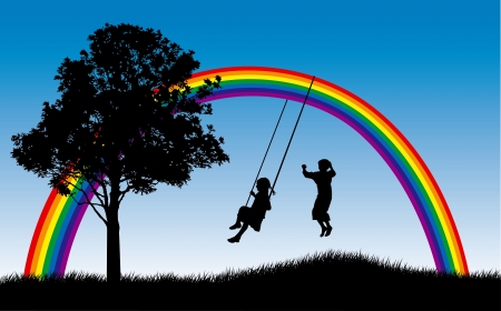 Girl swinging and boy jumping under rainbowのイラスト素材