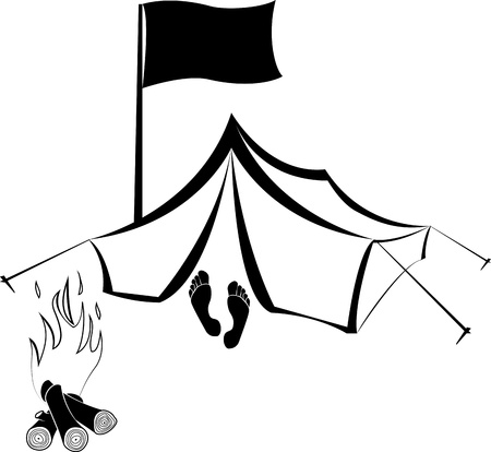 Vector Camping site with tent and burning campfireのイラスト素材