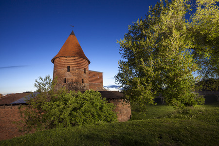 Reconstructed part of Kaunas Castle at twiligt, Lithuaniaのeditorial素材