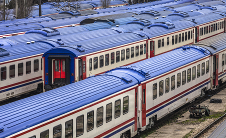 ISTANBUL, TURKEY - MARCH 20, 2011: Trains with blue roofs waiting in siding tracks at Haydarpasa station, Istanbulのeditorial素材