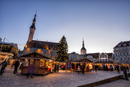 TALLINN, ESTONIA - DECEMBER 12, 2015: Traditional Christmas market in Tallinn old town. HDR image. Long time exposure with motion blur.のeditorial素材
