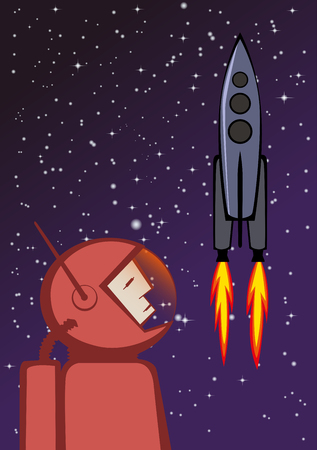illustration of heroic astronaut in red spacesuit and flying space rocket.の写真素材