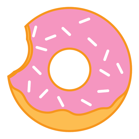 Bitten Pink glazed ring doughnut with sprinkles. Thin line linear vector illustrationのイラスト素材