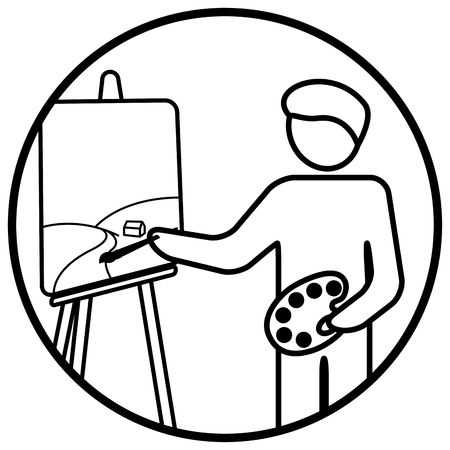 Painter working on his masterpiece. Linear vector illustrationのイラスト素材