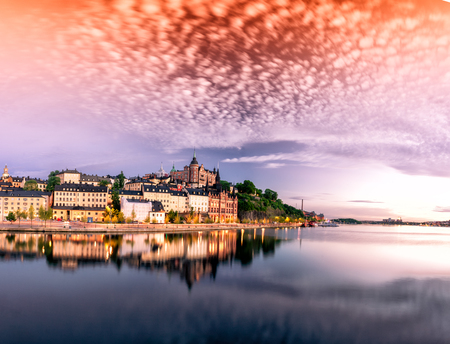 Scenic Stockholm City Old Town Sunset Skyline. Panoramic montage from 12 imagesの写真素材