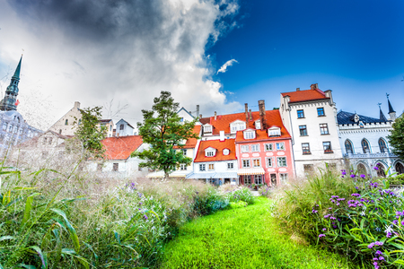 Colorful medieval houses in the Livu Square, Riga Old Town, Latviaの写真素材