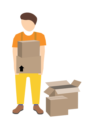 Young male mover with two cardboard boxes in his hands. Vector illustration.の写真素材