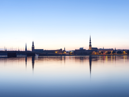 View on Riga cityline panorama in early morning over river Daugava. Panoramic montage from 11 images.の写真素材