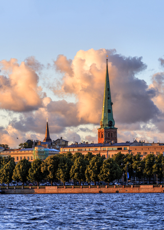 Riga Old Town during sunset time. Panoramic montage from 30 imagesの写真素材