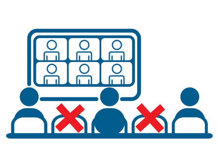 Office employees at hybrid meeting maintaining social distance during covid 19 disease pandemiaのイラスト素材