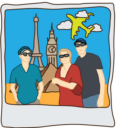 Travel polaroid with famous landmarks. Freehand drawingのイラスト素材