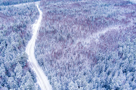 Aerial view of snow covered forest with roadの写真素材