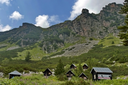 Wood-house (bungalow) by rest-house Maliovitza in Rila mountain, Bulgaria. のeditorial素材