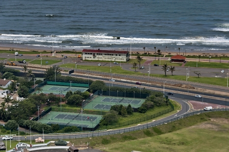 Several tennis court by seaside in Durban city, South Africaの写真素材