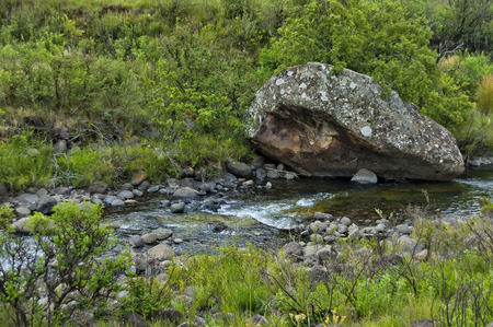 River and rocks in Giants Castle KwaZulu-Natal nature reserve, Drakensberg South Africaの写真素材