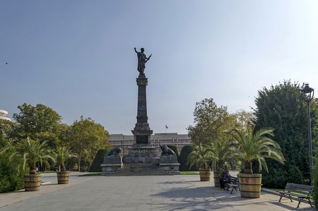 Avenue with palm and monument in Ruse garden, Bulgariaのeditorial素材