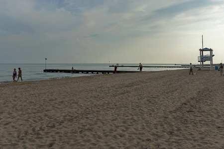 Wood path of sea beach in Lido di Jesolo at dusk, Italyのeditorial素材