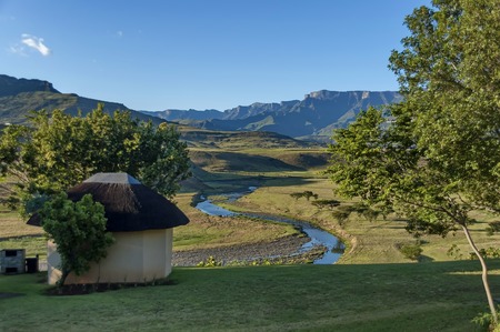 Landscape to Amphitheatre in Drakensberg mountain, South Africaの写真素材