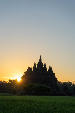 the view of the sunrise in a village with a plaosan buddhist temple background in Yogyakarta, Indonesia - Asiaの写真素材