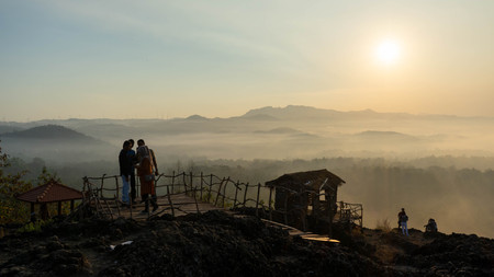 sunrise views in the summer that emerge from the hills in a villageの写真素材