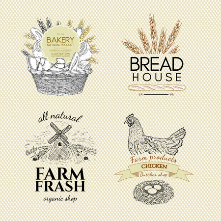 Food set design template bakery products butcher shop farm chicken eggs vectorのイラスト素材