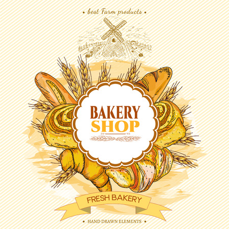 Bakery shop template hand drawn sketch illustrationのイラスト素材