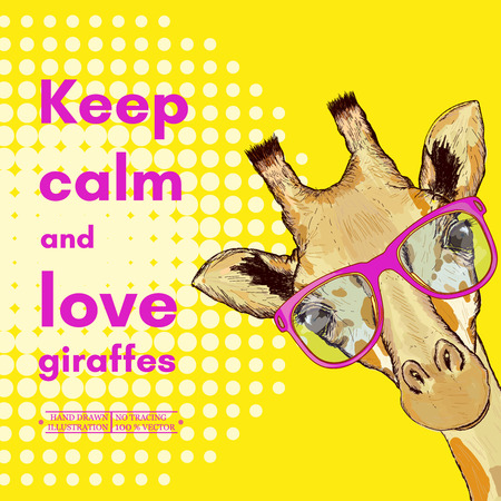 Giraffe with glasses, keep calm and love giraffes poster, cute giraffe muzzle vectorのイラスト素材