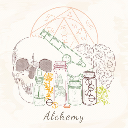 Alchemy skull microscope medieval science hand drawn vector illustrationのイラスト素材