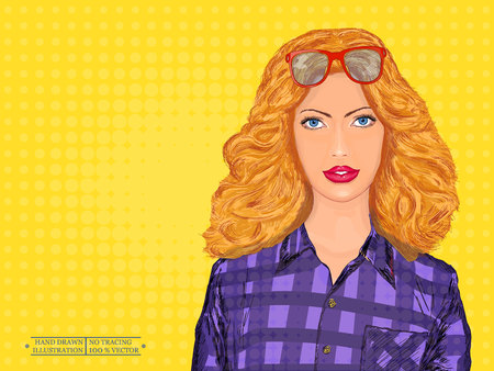 Beautiful girl portrait, blonde in a shirt on a yellow pop art background vectorのイラスト素材