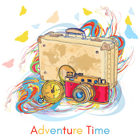 Adventure time old camera old compass old suitcase hand drawn vector illustrationのイラスト素材
