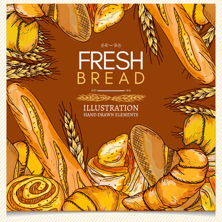 Bakery products pastries fresh bread wheat ears fresh rolls vector templateのイラスト素材