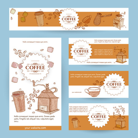 Coffee menu template banner page flyer hand drawn vintage sketch vector illustrationのイラスト素材