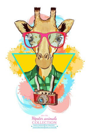 Portrait of fashion giraffe, hipster animals hand drawn vector illustrationのイラスト素材