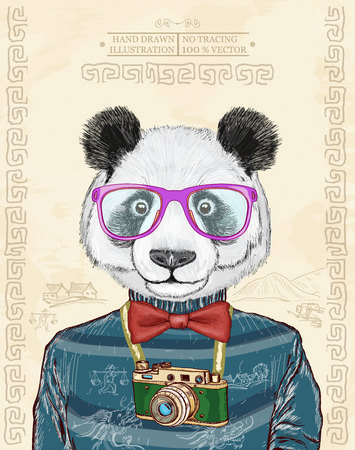 Panda vector hipster animals hand drawn fashion illustrationのイラスト素材