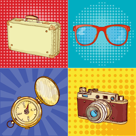 Travel pop art old camera vintage suitcase old compass sunglasses hand drawn vector illustrationのイラスト素材