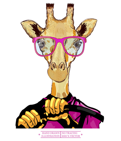 Giraffe driving a car hipster animals fashion illustration hand drawn vectorのイラスト素材