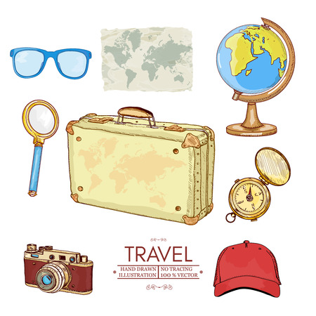 Tourism and travel icons compass, old camera, globe, old map, travel tool vectorのイラスト素材