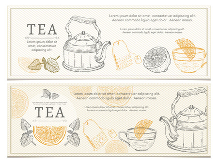 Tea banners lemon kettle tea party ceremony vintage vector illustrationのイラスト素材